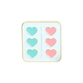 Detail of square enamel pin featuring six teal and pink hearts with golden trim - Heart Matrix Square