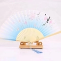 Japanese style folding fan with blue gradient cherry blossom patterns and blue tassel - White Ribs Style 7