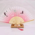 Japanese style folding fan with pink cherry blossom ink art and wooden stand - White Ribs Style 41