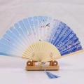 Japanese bamboo folding fan with blue gradient cherry blossom pattern and blue tassel - White Ribs Style 11