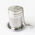 Close-up of SUS304 stainless steel tea infuser mesh with chain and drip tray - Small Machined Style + Base