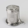 Detailed view of 304 stainless steel tea infuser with chain, hook, and base stand - Medium Crimped Regular Style + Base