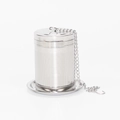Detail of 304 stainless steel tea infuser with mesh basket, lid, chain, and base tray - Medium Machined Regular Style + Base