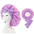 Detail of purple satin sleep bonnet with adjustable ribbon tie and elastic band - M / Violet