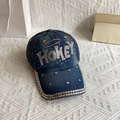 Detail view of denim baseball cap featuring 'HONEY' rhinestone pattern and glitter finish - Adult, Adjustable / Denim Blue HONEY