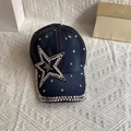 Detail of denim baseball cap featuring a large pearl star and silver metal rivets - Adult, Adjustable / Denim Blue Pearl Five-Pointed Star