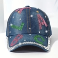 Dark blue denim baseball cap featuring colorful rhinestone letter A and star patches - Adult, Adjustable / Denim Blue ABC