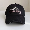 Distressed black cotton baseball cap with pink Cowboy embroidery and denim hat motif - 56-60cm Adjustable / Black