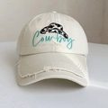 Detail of cream baseball cap with cowboy embroidery and distressed frayed brim edges - 56-60cm Adjustable / White