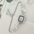 Elegant silver square quartz watch for women with rhinestone petals and adjustable bracelet - Silver