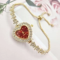 Elegant gold heart-shaped watch bracelet with red dial and crystal rhinestones - Gold Case Red