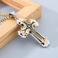 Three-layer cross pendant necklace with black enamel and gold cutout in royal chain - Style A Two-tone Gold (Box Chain)
