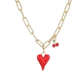 Detail of gold U-link chain with red heart pendant and cherry charm on white background - Gold Long Heart & Red Cherry