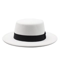Classic white wool felt boater hat with black grosgrain ribbon for men and women - M (56-58cm) / White