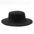 Detail of a vintage black flat top wool fedora with a matching satin ribbon band - M (56-58cm) / Black