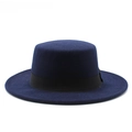 Detail of navy blue wool boater hat with a black grosgrain ribbon on white background - M (56-58cm) / Navy Blue