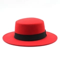 Detailed side view of a red wool felt boater hat with flat brim and black satin ribbon band - M (56-58cm) / Red