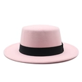 Classic pink wool fedora hat with a flat top and wide brim featuring a black ribbon band - M (56-58cm) / Pink