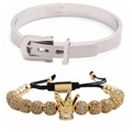 Détail du jonc à boucle argentée et du bracelet à perles avec couronne dorée - 1 Ensemble Couronne Dorée + Bracelet Argenté