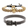 Bracelet à perles couronne pour homme et jonc à boucle gris foncé sur fond blanc - 1 Ensemble Couronne Dorée + Bracelet Noir de Jais