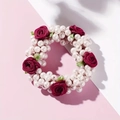 Elastic hair tie featuring a red fabric rose and elegant white pearls for women - Red Flower