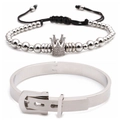 Silver crown beaded bracelet and buckled stainless steel bangle set on white background - Set 1 / Platinum Set