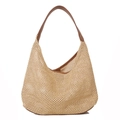 Women's woven straw hobo bag with brown leather trim for summer beach travel - Brown