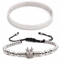 Bracelet jonc en acier argenté à chiffres romains et bracelet à perles couronne zircon - Set 2 / Ensemble Platine