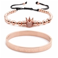 Men's rose gold stainless steel jewelry set with Roman numeral bangle and crown bead bracelet - Set 2 / Rose Gold Set