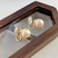 Elegant large round champagne pearl clip-on earrings with gold U-shaped metal fasteners - 10mm Mosquito Coil Ear Clips 1 Pair / Style 2074 For Non-Pierced Ears