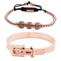 Conjunto de joyas con brazalete de acero oro rosa con números romanos y pulsera de cuentas - Pulsera + Brazalete con Hebilla de Cinturón / 1 Set Oro Rosa