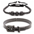 Conjunto de pulsera tejida con letras romanas y brazalete de acero inoxidable para hombre - Pulsera + Brazalete con Hebilla de Cinturón / 1 Set Negro