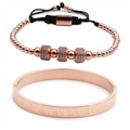 Detail of rose gold Roman numeral bangle paired with a braided beaded bracelet set - 2 Sets Rose Gold