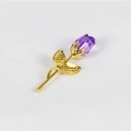 Elegant gold metal rose brooch featuring a faceted purple crystal bud on white backdrop - Gold Stem Purple Flower Loose