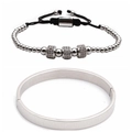 Detail of silver stainless steel roman numeral bangle and cylinder bead bracelet set - 2 Set White Gold