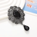 Vintage black crystal pendant brooch with oval gemstone and teardrop charm in silver finish - Antique Silver Black Gem