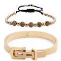 Detalle de brazalete romano dorado y conjunto de pulseras de cuentas tejidas con esfera - Set 1 Oro Circonita Rojo Rosa