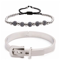 Conjunto de brazalete de acero plateado con hebilla de cinturón y cuentas de cristal azul - Juego 1 Plata