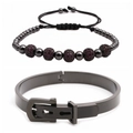 Edelstahl Armreif mit römischen Ziffern und verstellbares lila Perlenarmband Set - Set 1 Gun Black Rosenrot Zirkon