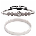 Silbernes Edelstahl-Armreif-Set mit römischen Ziffern und Kronen-Anhänger-Armband - Set 2 Silber