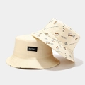 Cappello a secchiello beige con stampa Shiba Inu e toppa 'Waiting' in tessuto twill di cotone - Beige