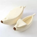 Banana shaped warm pet bed set in soft cream plush fabric for cats and small dogs - Off White