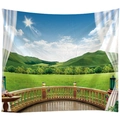 Arazzo con vista finestra pastorale su colline verdi e arredi da esterno per muri - 300x180cm / Vista sulle montagne dal balcone