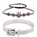 Silbernes Edelstahl-Kronenperlenarmband und Gürtelschnalle-Manschette mit rosa Strass - Platin Rosérot Zirkonia Kronen-Set
