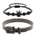 Adjustable dark grey stainless steel crown bead bracelet and buckle bangle set for men - Black Blue Zirconia Crown Set
