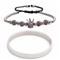Set bracciale rigido con numeri romani e braccialetto con perline e corona per uomo argento - Set Corona in Zirconia Rosso Rosa Platino