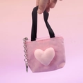 Mini borsa shopping portachiavi rosa con cuore, manici a nastro neri e catenina - Rosa
