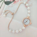 Elegant gold pearl bracelet watch with a white Roman numeral dial and adjustable strap - Gold Style With Artificial Pearls (04)