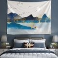 Mountain scenery wall tapestry with blue mountains, golden trees, and deer for bedroom - Style 32
