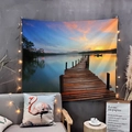 Sunset lake landscape wall tapestry with wooden pier view and string lights for room decor - Style 22